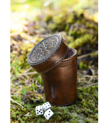 Würfelbecher aus Leder mit Deckel, Vegvisir-Prägung, braun