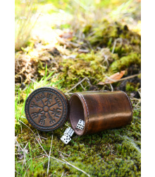 Würfelbecher aus Leder mit Deckel, Vegvisir-Prägung, braun