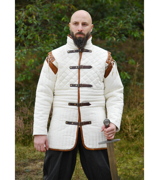 Langer Gambeson mit abnehmbaren Ärmeln und Leder, natur-braun